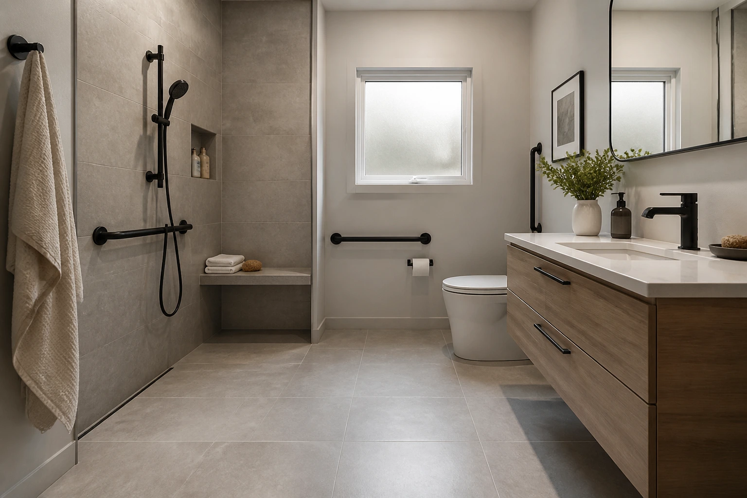 Thoughtful barrier-reduced bathroom with curbless shower, bench and support bars