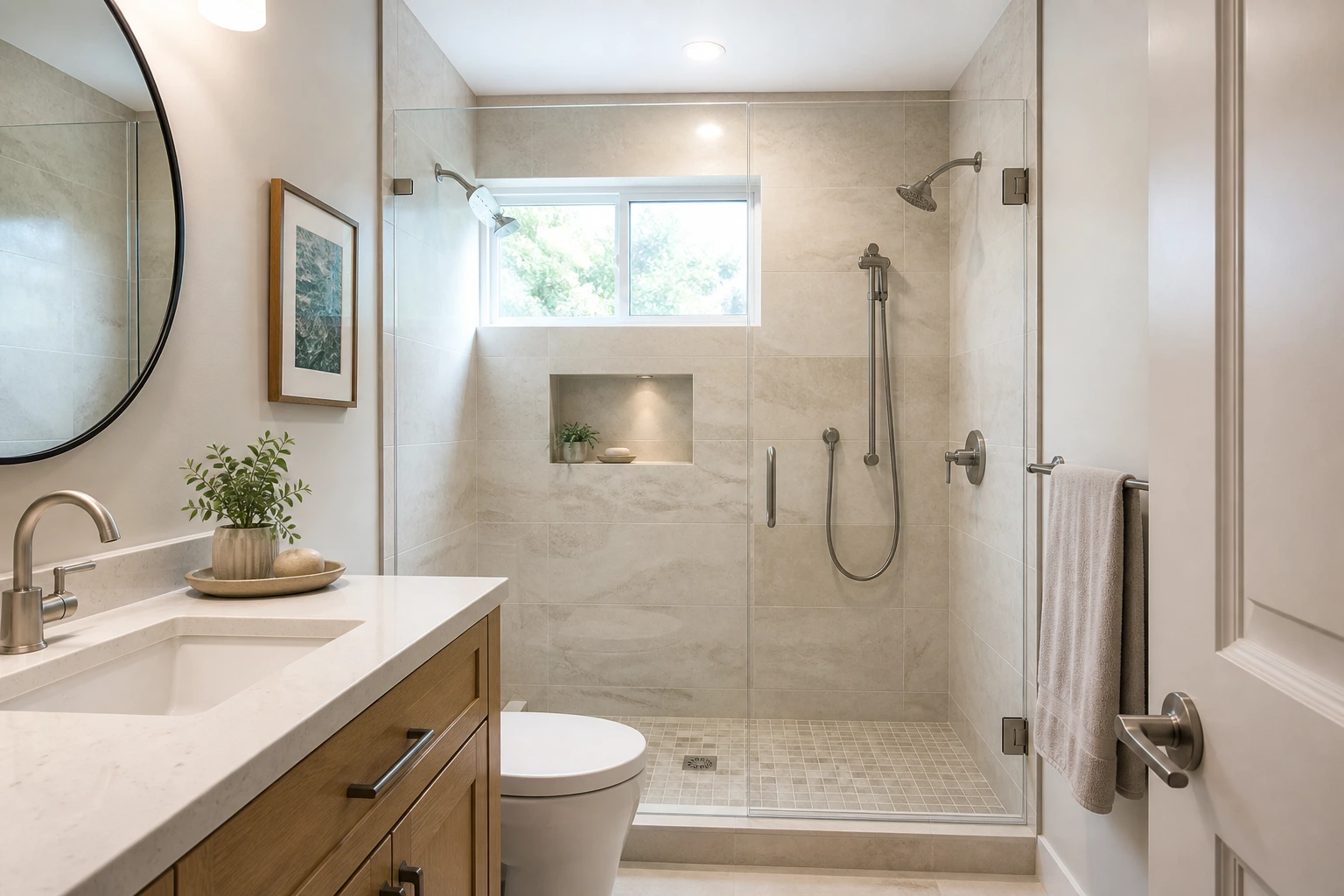 Compact Surrey tub-to-shower bathroom conversion with glass enclosure and hand shower