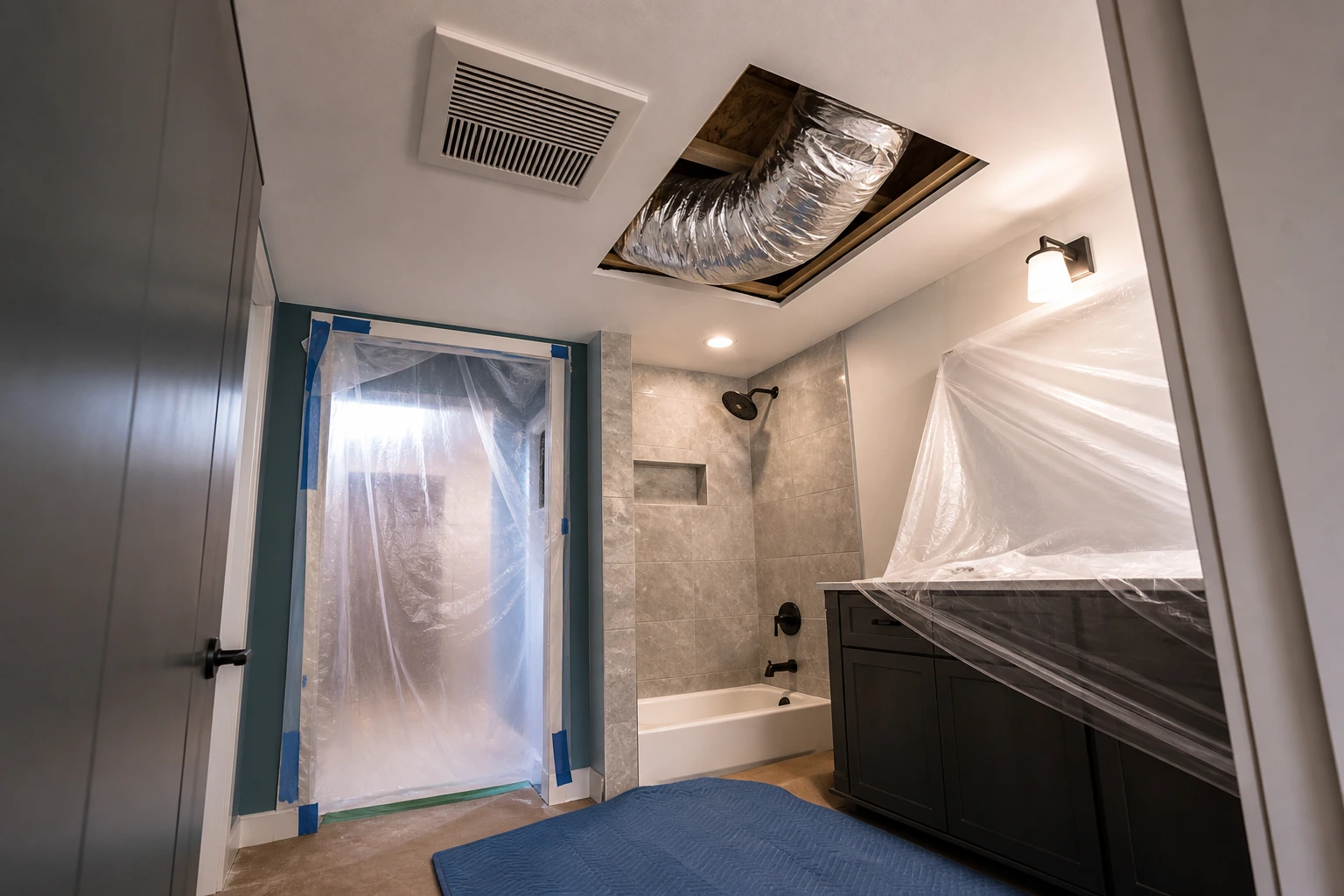 Protected bathroom renovation showing a controlled ceiling opening and insulated ventilation route